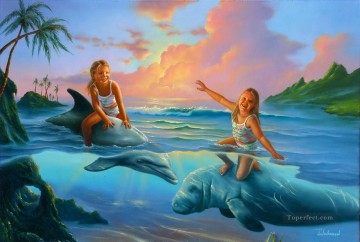 Mädchen mit dem Delphin Karikatur für Kinder Ölgemälde